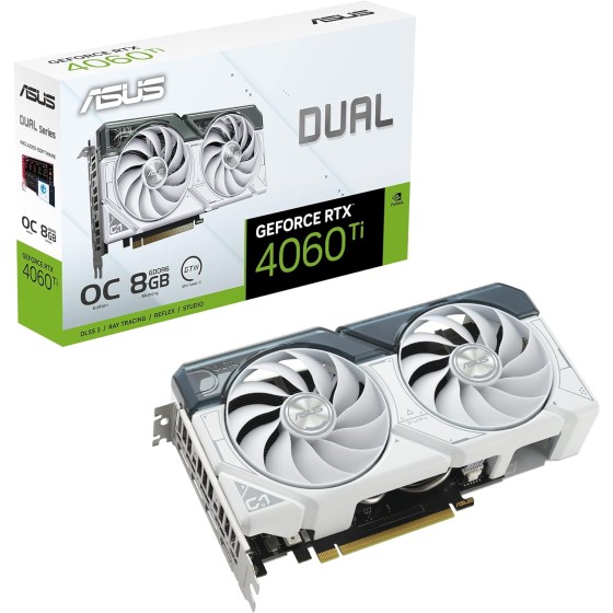 Asus Dual GeForce RTX™ 4060 Ti White OC Edition 8GB GDDR6 Graphics Card with two powerful Axial-tech fans and a 2.5-slot design for broad compatibility (white)