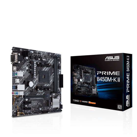 ASUS Prime B450M-K II AMD B450 (Ryzen AM4) micro ATX motherboard with M.2 support, HDMI/DVI-D/D-Sub, SATA 6 Gbps, 1 Gb Ethernet, USB 3.2 Gen 1 Type-A, BIOS FlashBack