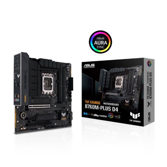 ASUS TUF GAMING B760M-PLUS D4 (LGA 1700) mATX DDR4 Motherboard, PCIe 5.0,2 M.2 slots, 12+1 DrMOS, DDR4, 2.5Gb Ethernet, HDMI, DisplayPort, Rear &amp; Front USB Type-C support, Thunderbolt support, Arua Sync